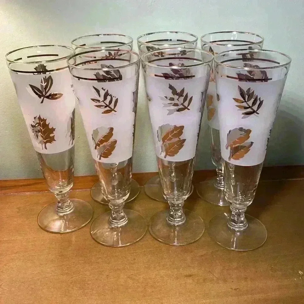 SET of 7 Libbey Flute stem Beer glasses Frosted gold leaf 8.25" x 2.75"